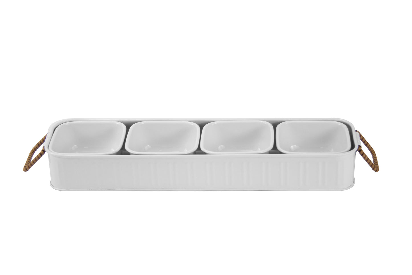 17.44" White Galvanized Condiment Rectangle Serving Tray Set, Divider