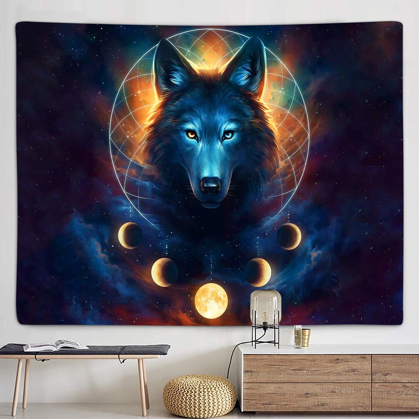 Fantasy Wolf Moon Phase Dreamcatcher Galaxy Tapestry 60X40 Inches