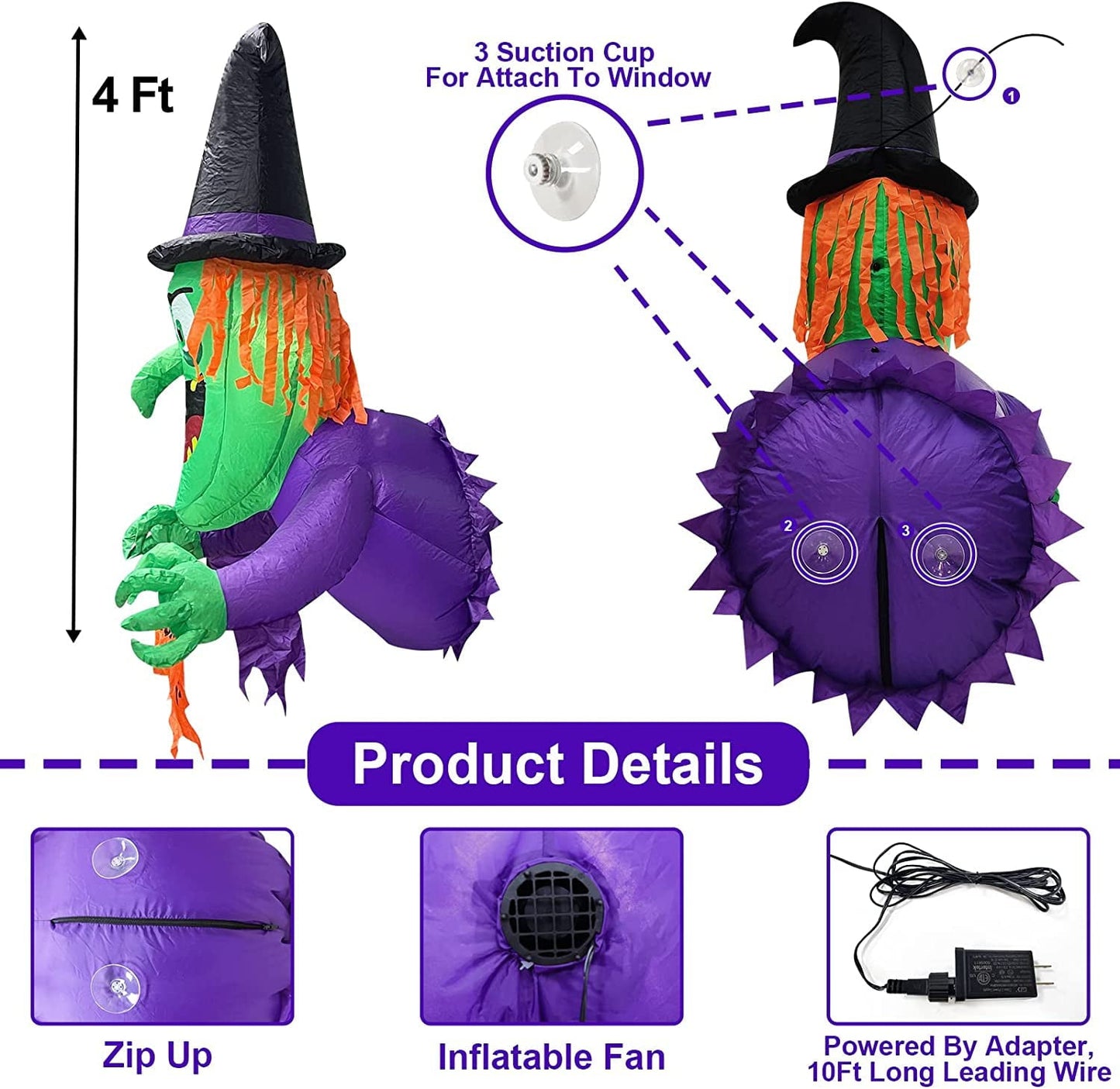 4 Ft Halloween Inflatable Scary Witch Broke Out from Window