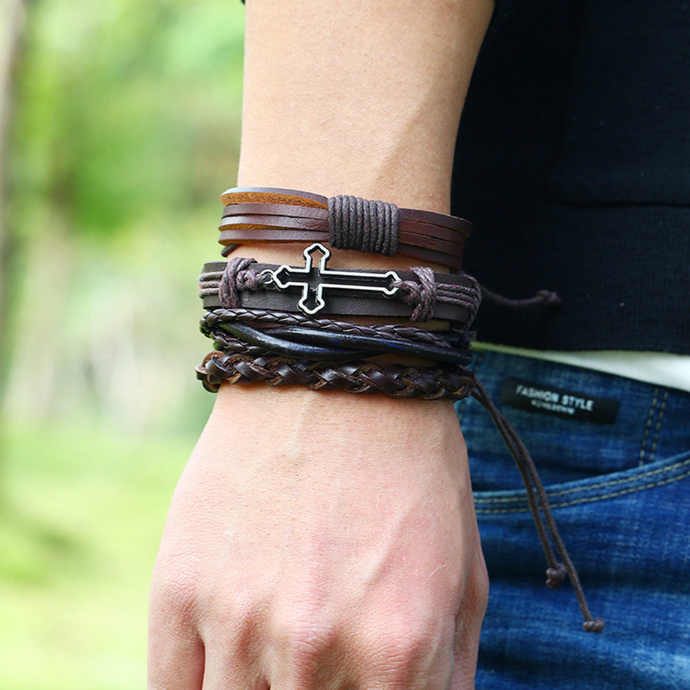 Pack Of 12 Vintage Men Leather Multi-Layer Braided Bracelets
