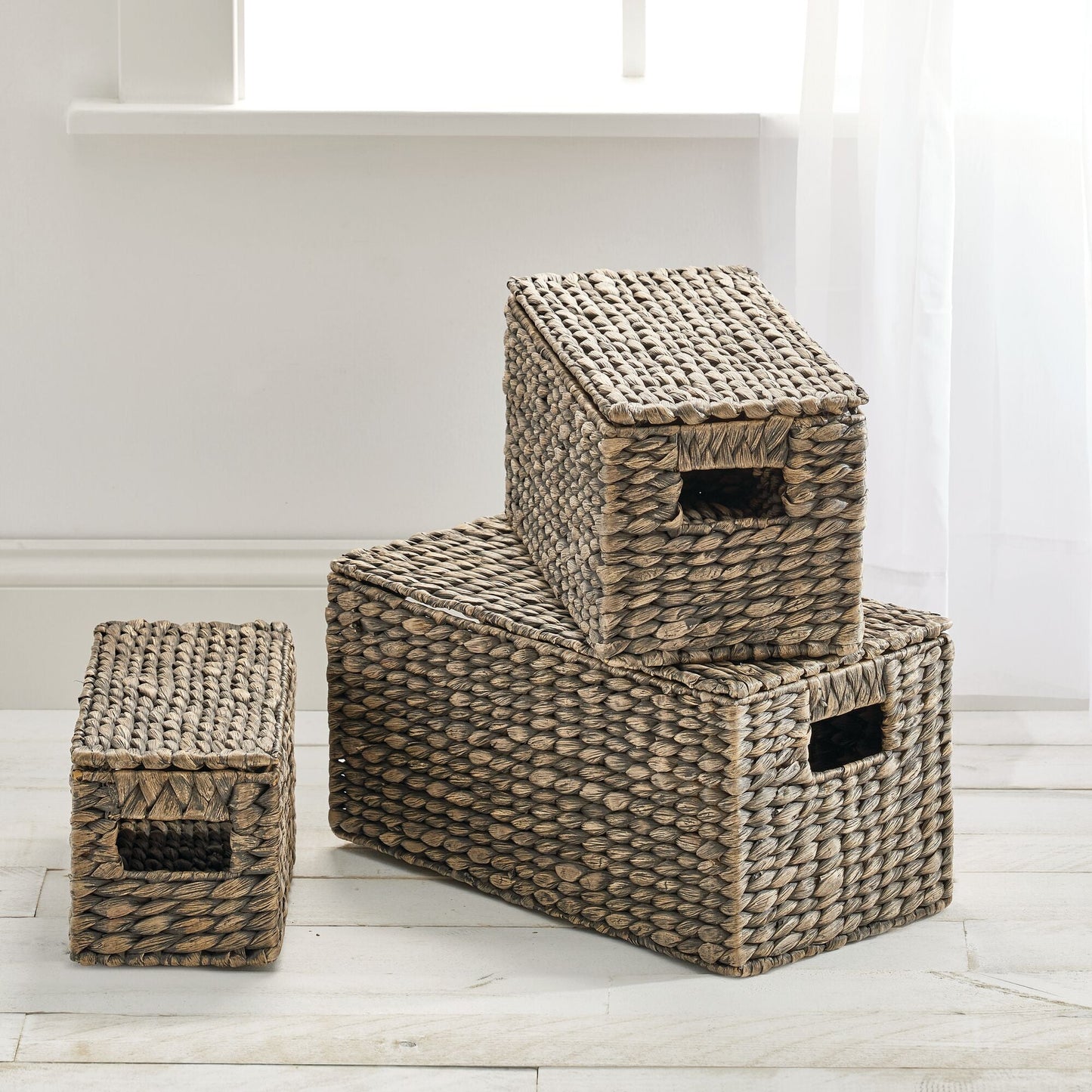 3 Natural Woven Water Hyacinth Organizer Basket Bin w/ Removable Lids