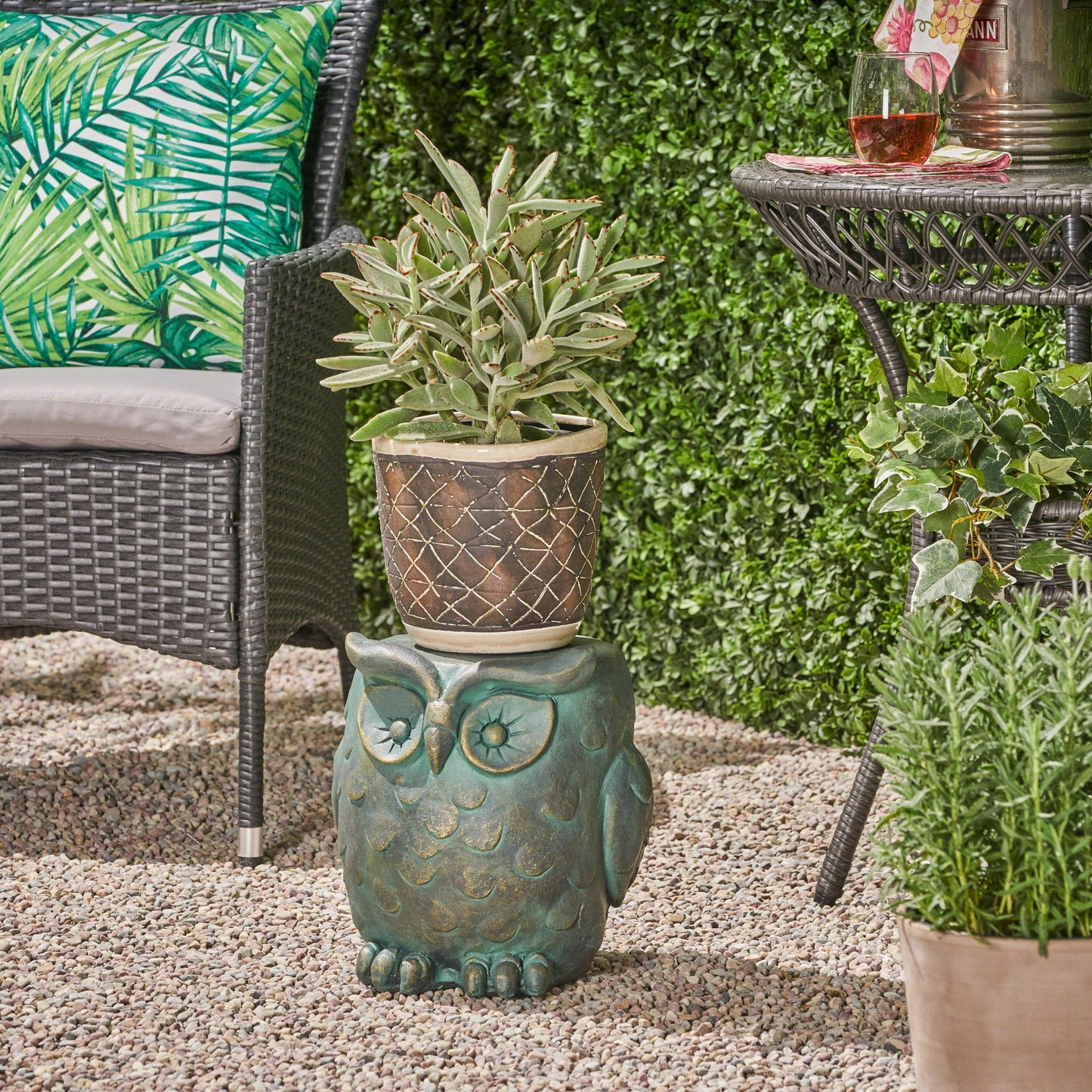 Owl Garden Stool, Lightweight Concrete, Gold Patina Finish