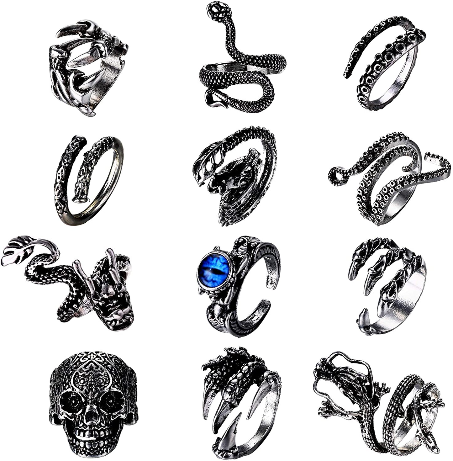 12 Pcs Vintage Punk Rings Octopus Dragon Snake Adjustable Cool Gothic Ring Set