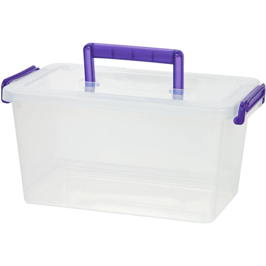 Medium Deep Modular Latching Box - Purple Handle, 6 Pack, Clear
