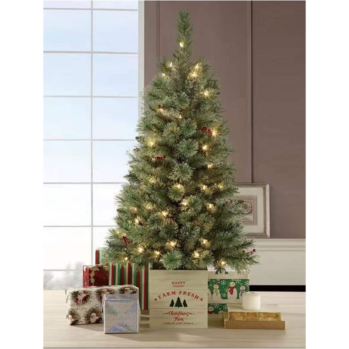 4-Foot Pre-Lit Artificial; Potted Christmas Tree w/ 50 Clear Lights