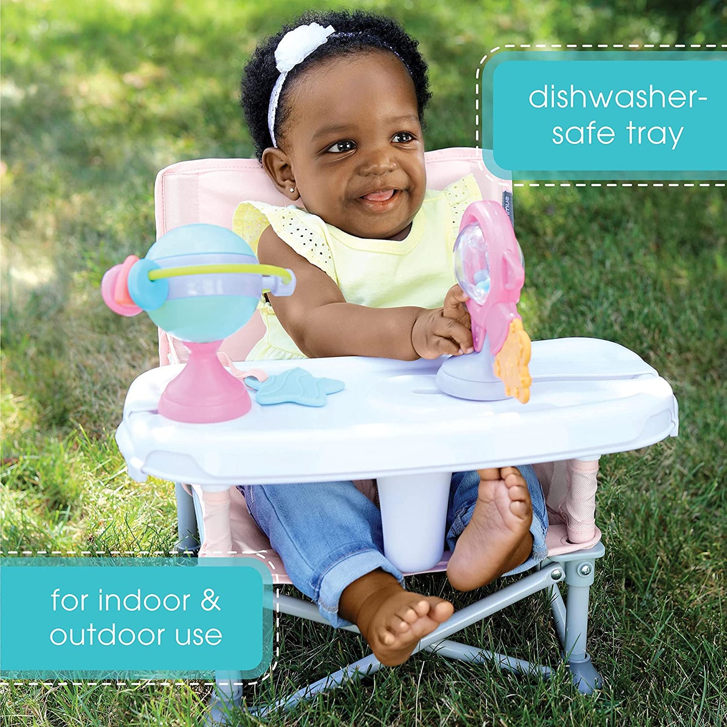 (Pink) Baby Pop Up Chair for Meals and Playtime with Removable Tray and Toys, Portable Booster Folds for Travel