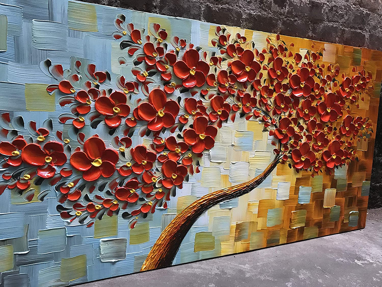 Art -hand Painted Contemporary Oil Painting On Canvas Texture Palette Knife Tree Paintings Modern Home Decor 3D Red Flowers Ready to hang 20x40inch