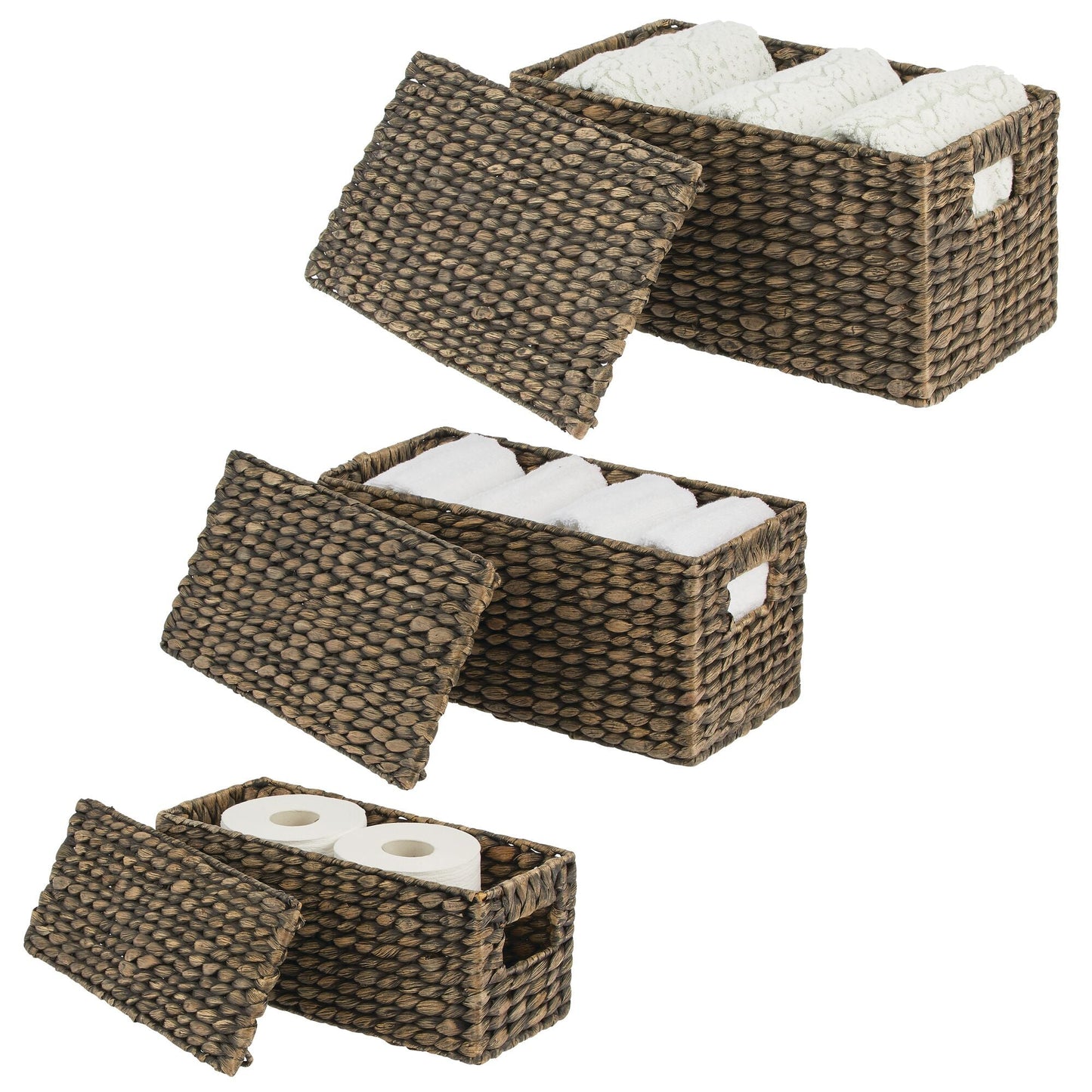 3 Natural Woven Water Hyacinth Organizer Basket Bin w/ Removable Lids