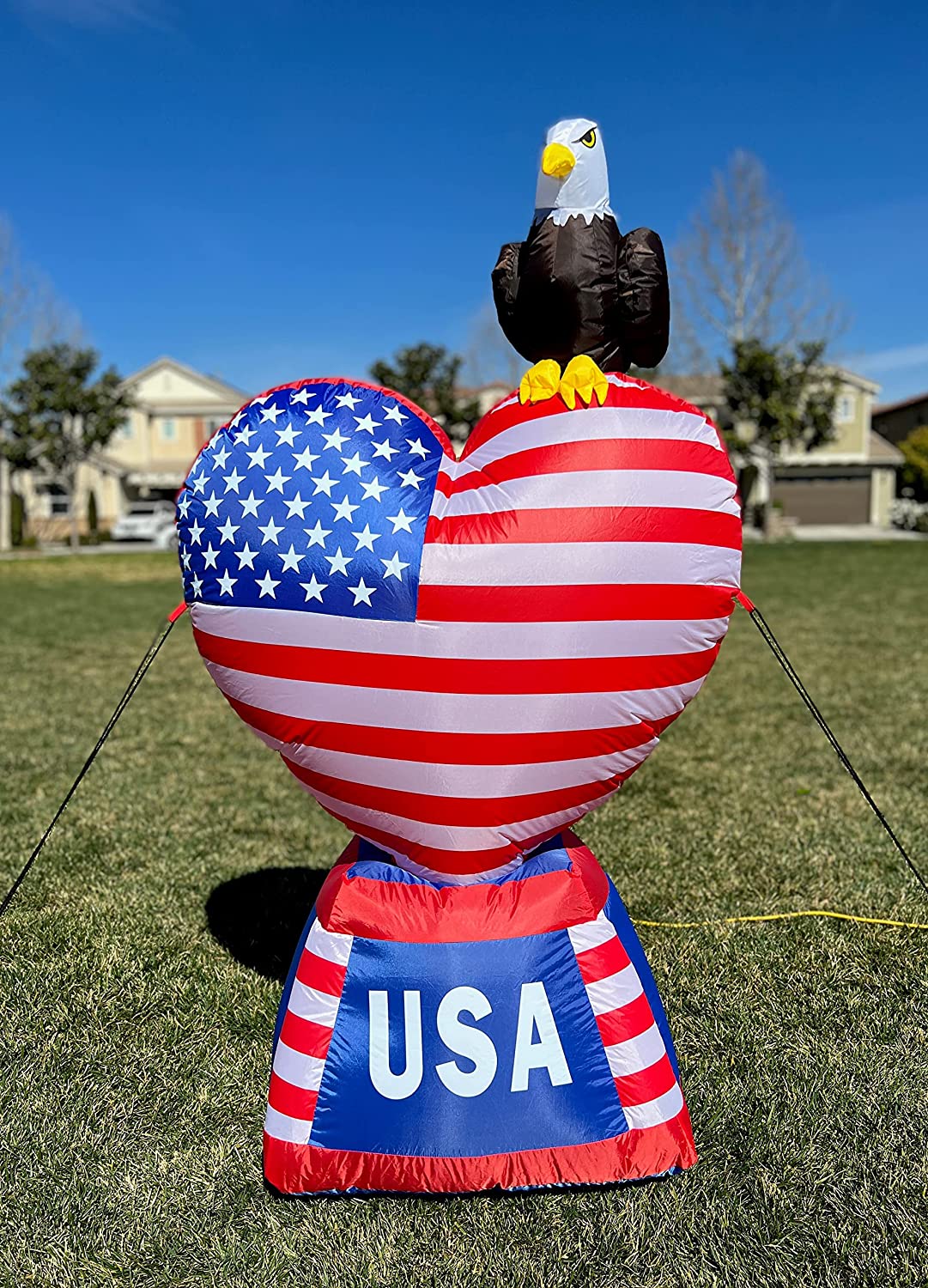 5 ft Tall Patriotic Independence Day 4th of July Inflatable Love Heart with American Flag and Bald Eagle w/ LEDs
