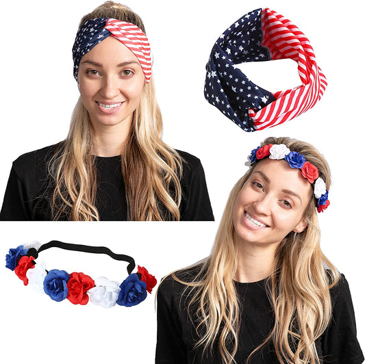 2 Pcs Patriotic Accessories w/. American Flag Headband and Flower Headband for Women Girls