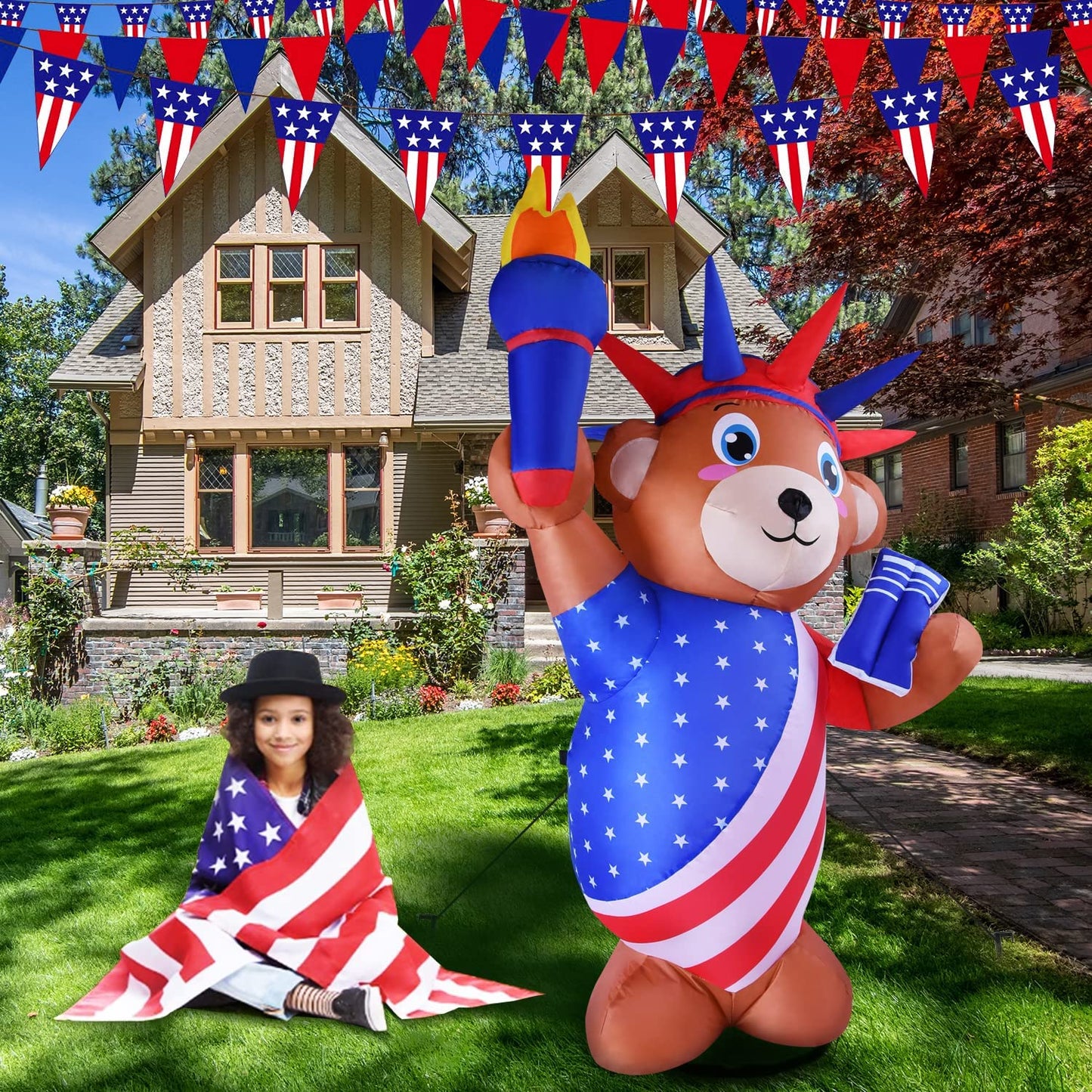 Patriotic Independence Day Inflatable Liberty Bear Statue Blowup w/ Built-in LED Light