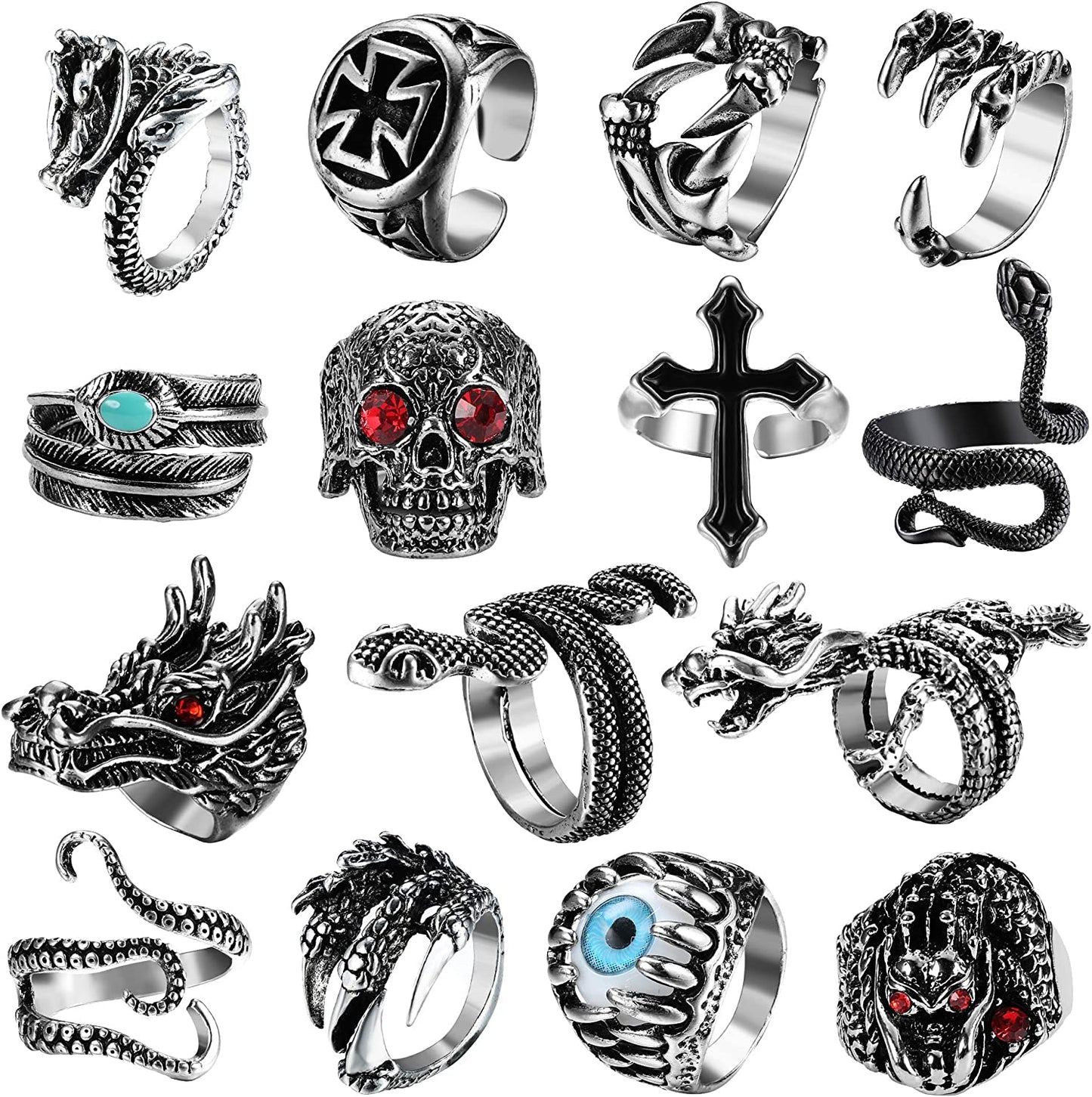 15Pcs Vintage Punk Rings for Men Women Snake Ring Dragon Open Rings Set Knuckle