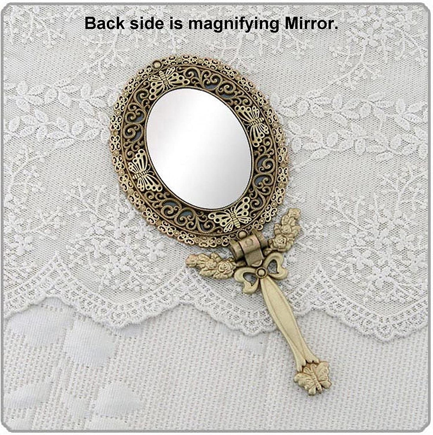 Butterfly Designed Double Sided Magnification Hand Held Makeup Metal Mirror Folding Handle  (Large, Brass)