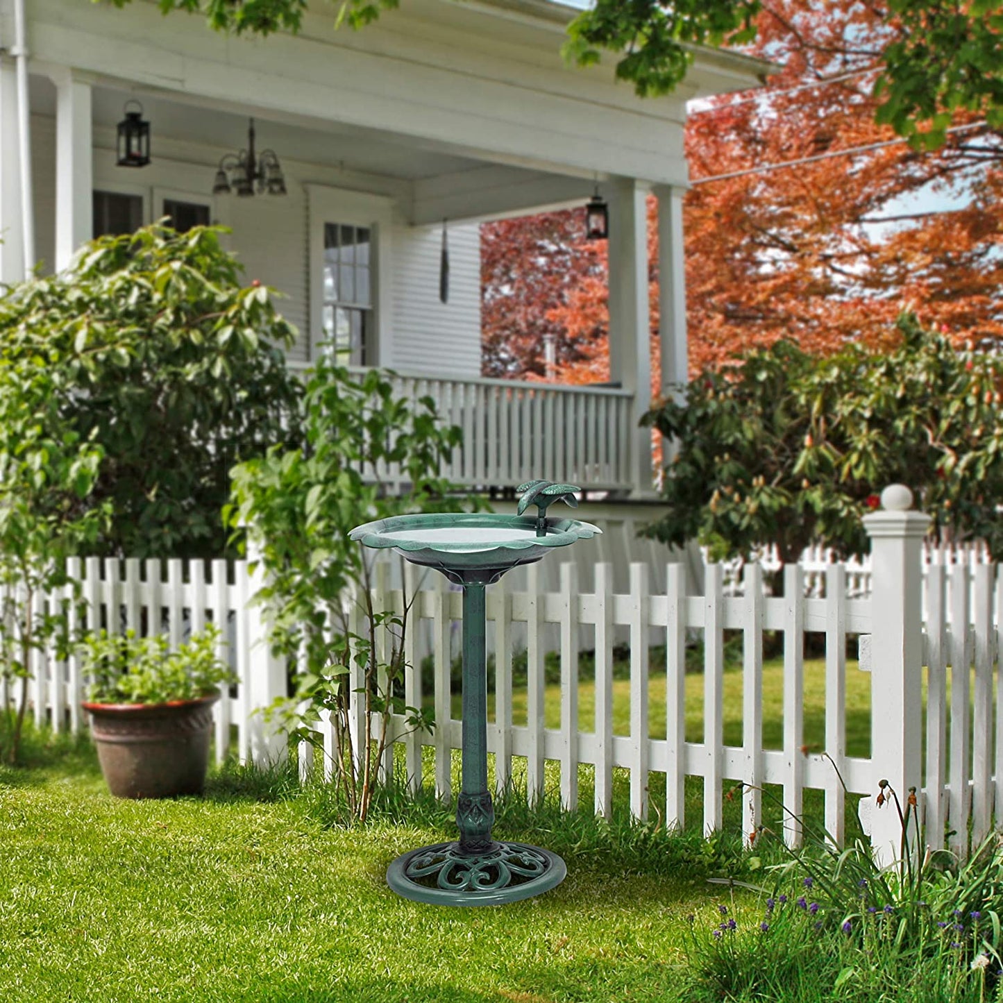 Birdbath Yard Statue, 20" L x 20" W x 33" H, Green & TEC114 Antique Flower Birdbath, 20" L x 20" W x 31" H, Green