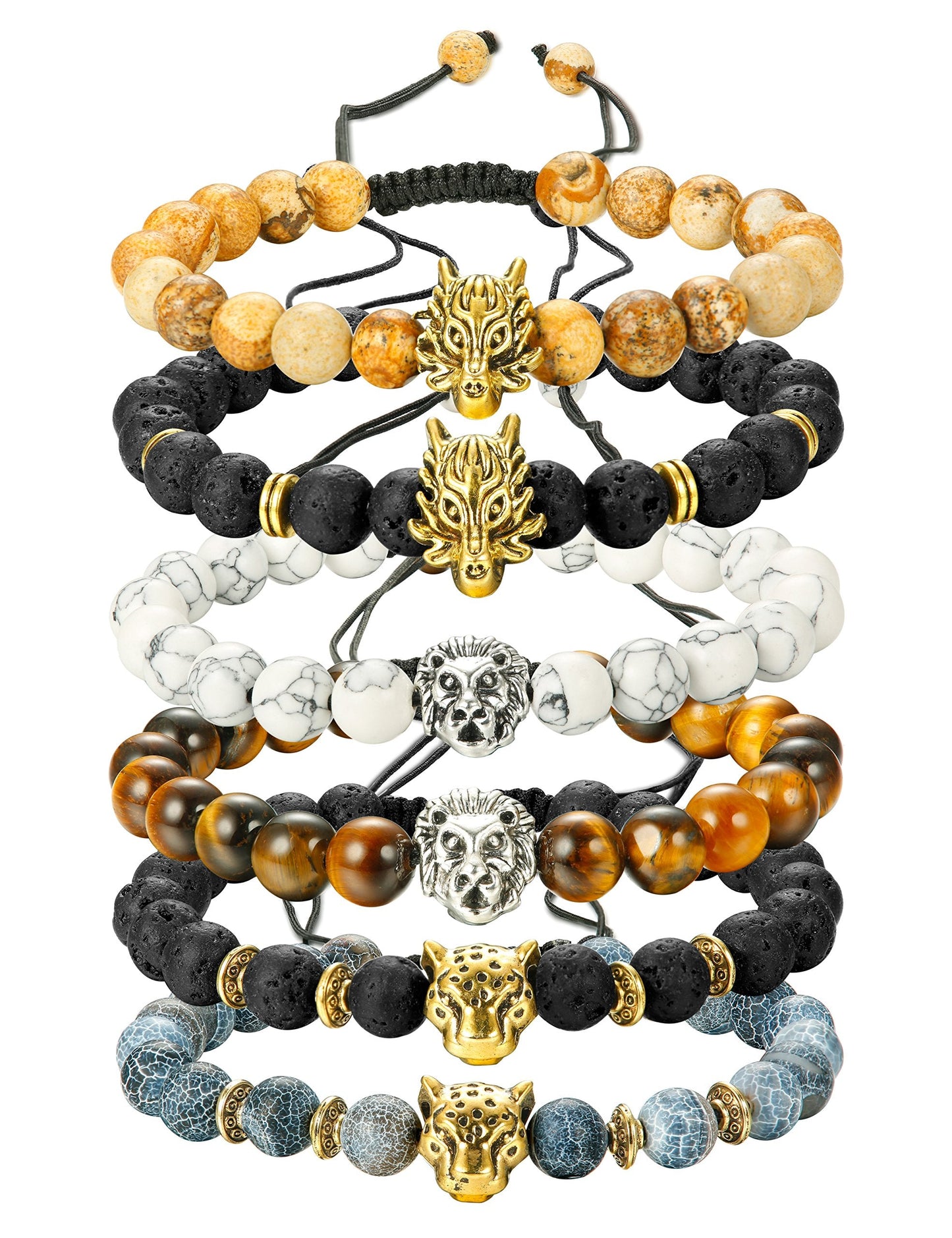 6PCS Bead Bracelets Set Dragon/Lion/Panther Charm Lava Rock Natural Stone Bracelet, 8MM