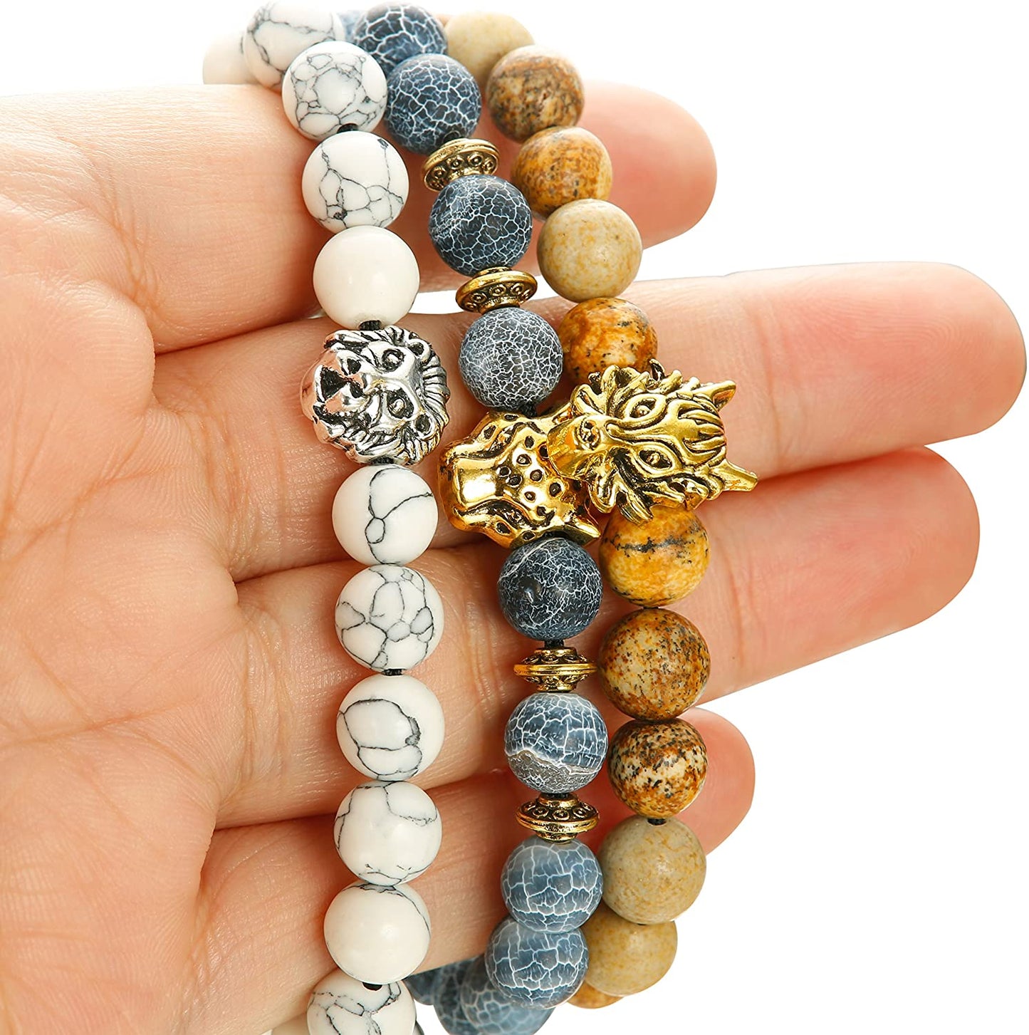 6PCS Bead Bracelets Set Dragon/Lion/Panther Charm Lava Rock Natural Stone Bracelet, 8MM