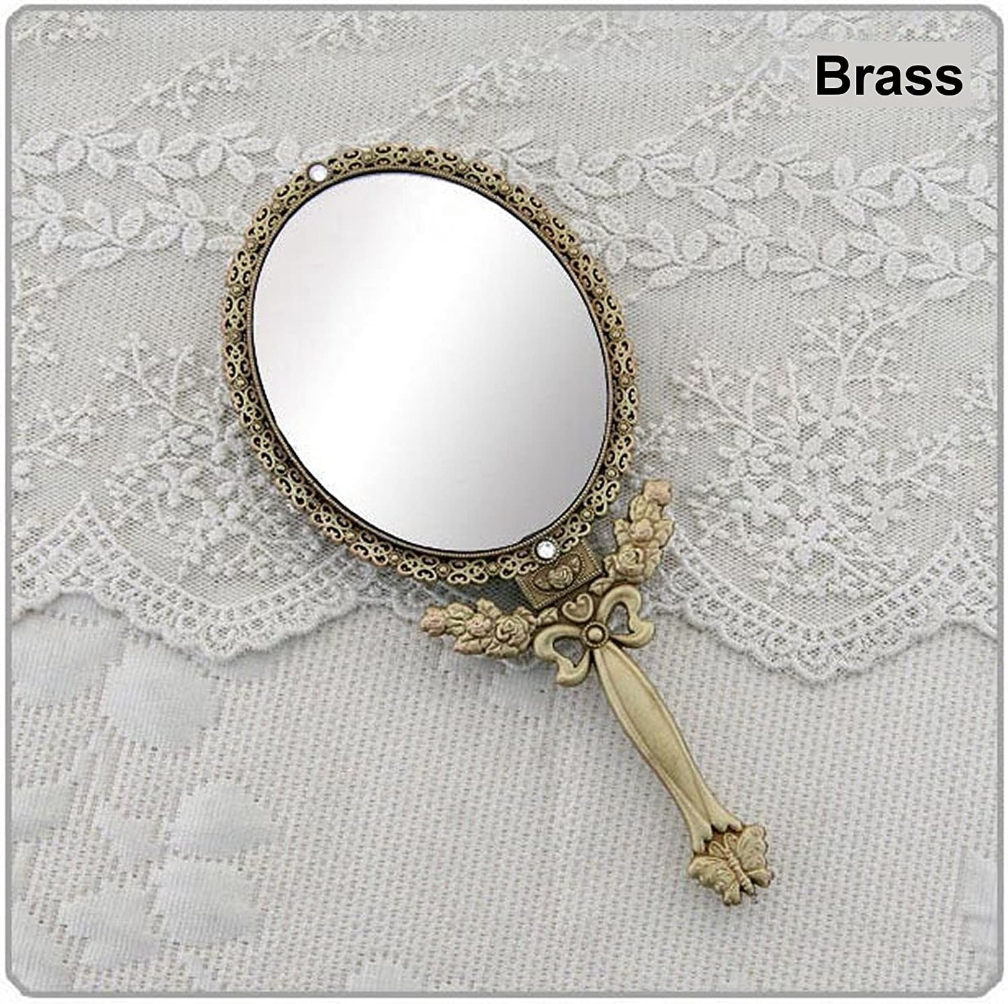 Butterfly Designed Double Sided Magnification Hand Held Makeup Metal Mirror Folding Handle  (Large, Brass)