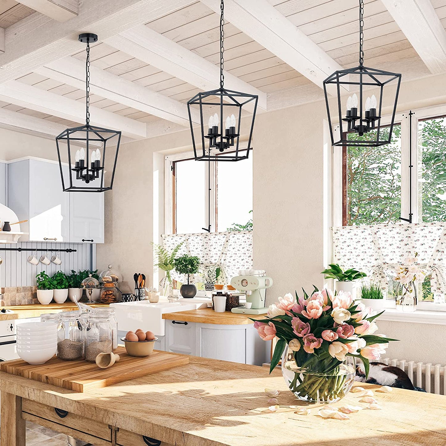 4-Light Farmhouse Lantern Chandelier Light Fixture Black, Rustic Pendant Light Fixture Adjustable Chain