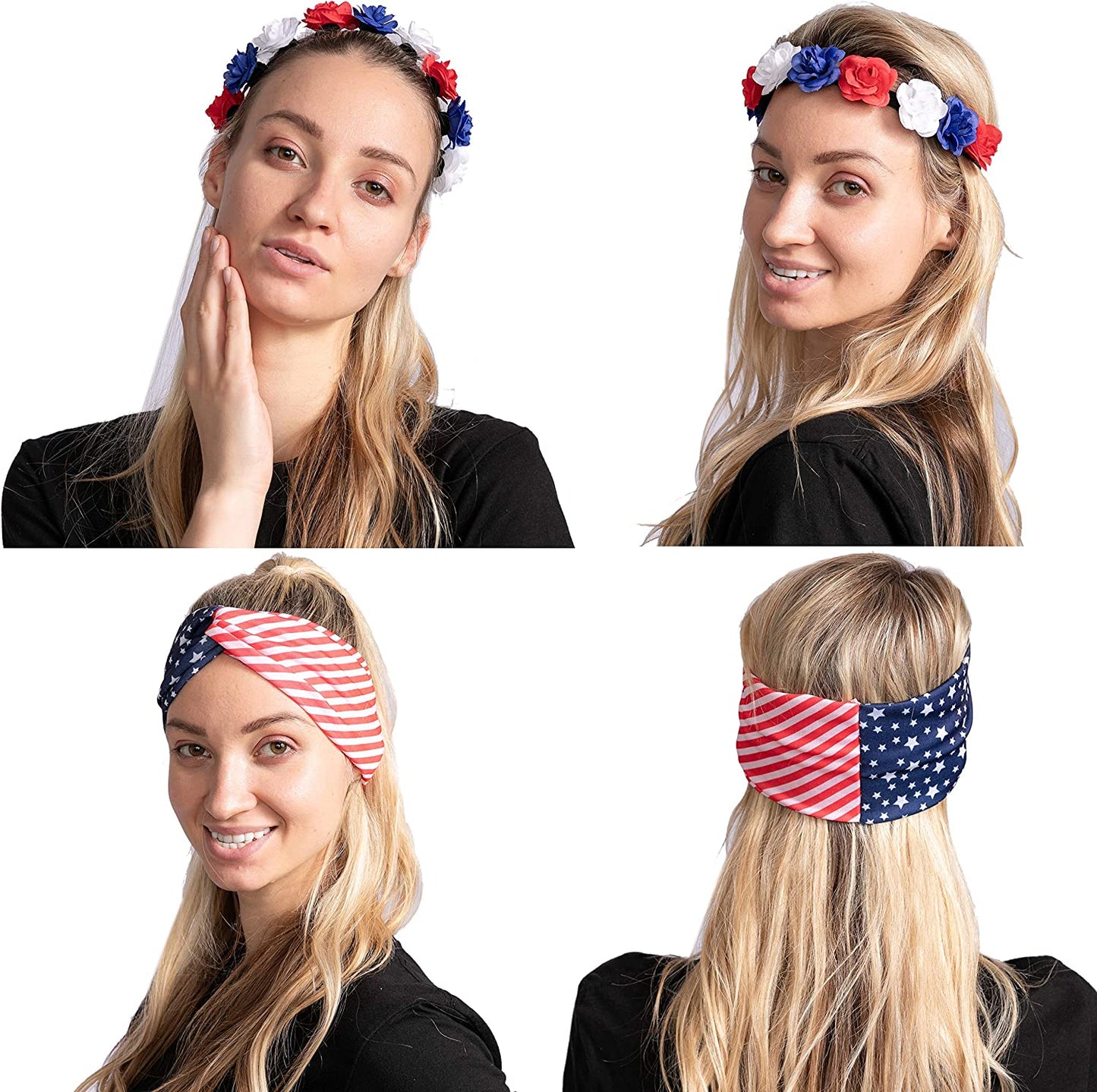 2 Pcs Patriotic Accessories w/. American Flag Headband and Flower Headband for Women Girls