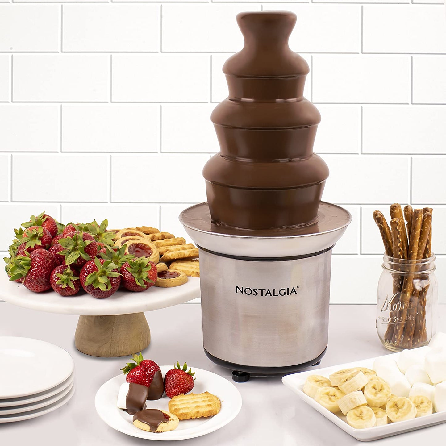 Electric Chocolate Fondue Fountain, 32-Ounce, 4 Tier Set, Fountain Machine for Cheese, Melting Chocolate, Liqueurs, Stainless Steel