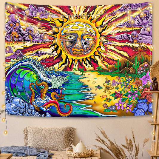 Psychedelic Burning Sun Hippie Sublime Ocean Wave Sunrise Colorful Boho Tapestry