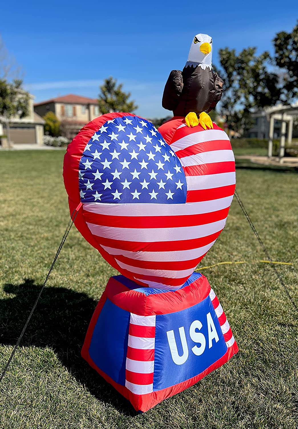 5 ft Tall Patriotic Independence Day 4th of July Inflatable Love Heart with American Flag and Bald Eagle w/ LEDs