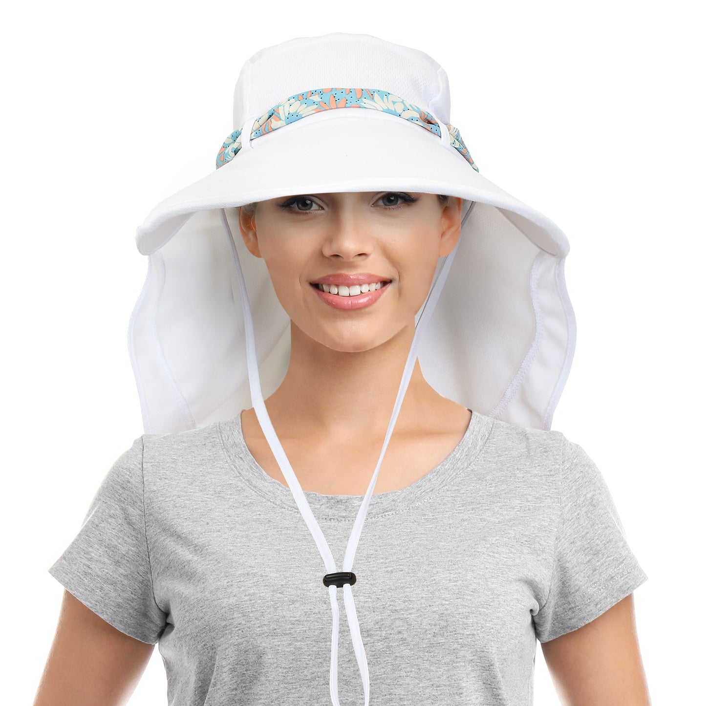 Neck Flap Wide Brim  Sun Hat for Women w/ 2 Replaceable Ribbon