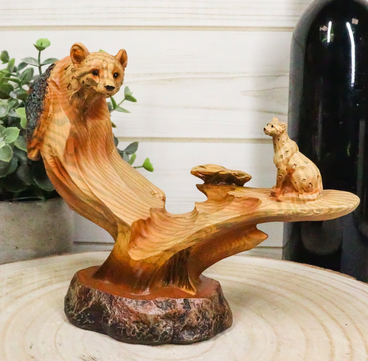 Big Cat Leopard Figurine Faux Wood Resin Cutout Carving