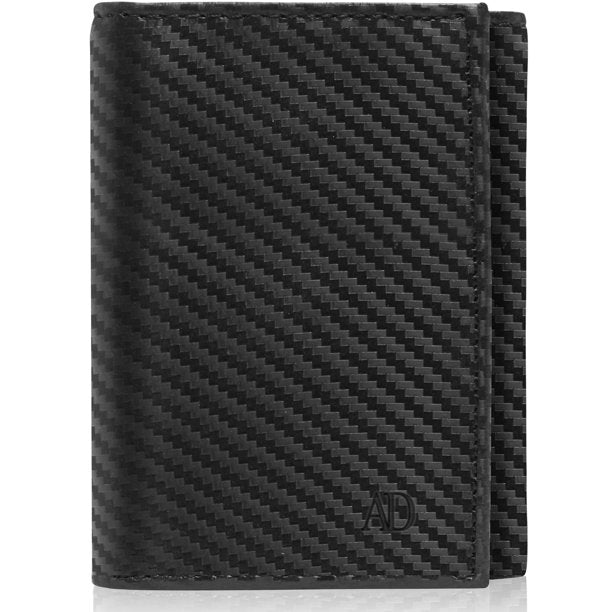 Genuine Leather Black Carbon fiber Trifold Wallet With ID Window Gifts For Men RFID Blocking