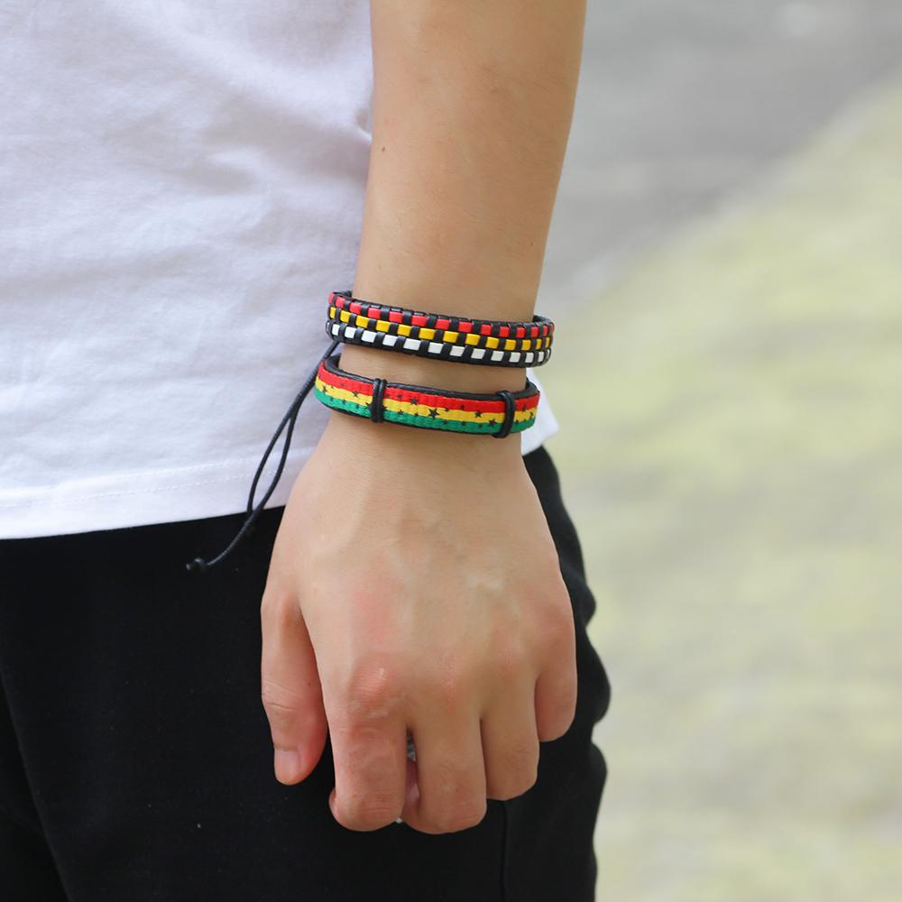 Jamaican Reggae Hippie Leather Unisex Wrap Bracelet 5 pcs Set