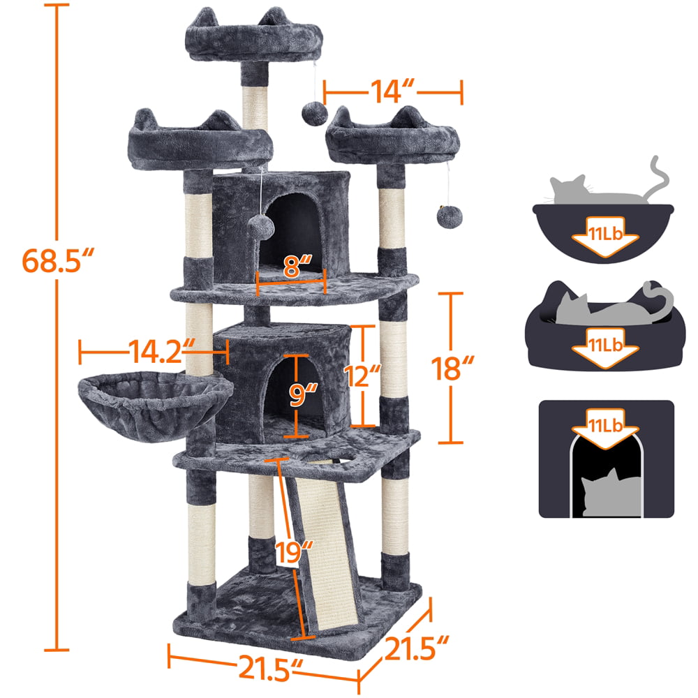 Large Cat Tree Plush Tower w/ Caves Condos, Dark Gray