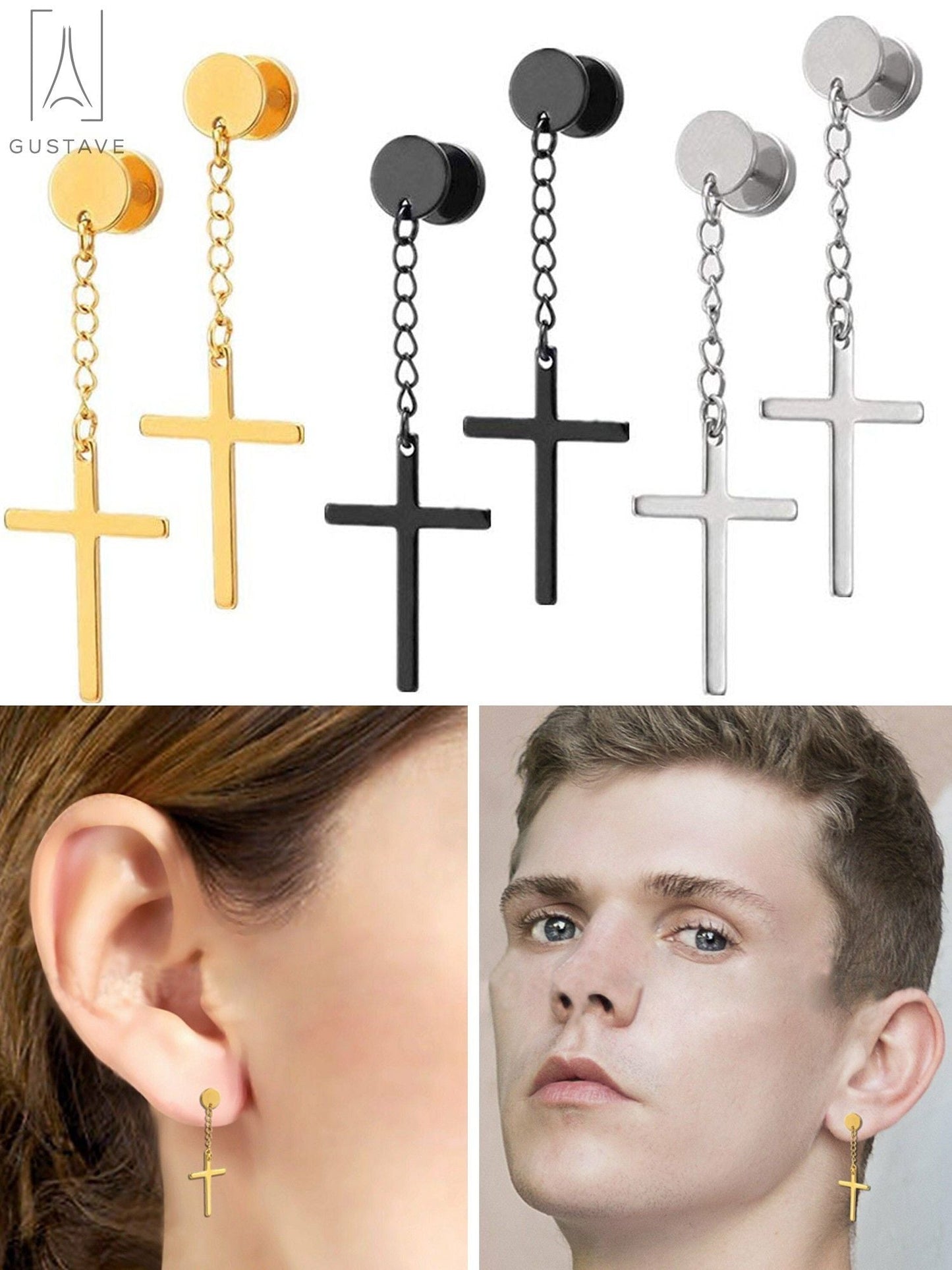 Cross Drop Dangle Tassel Earrings Set for Men/Women