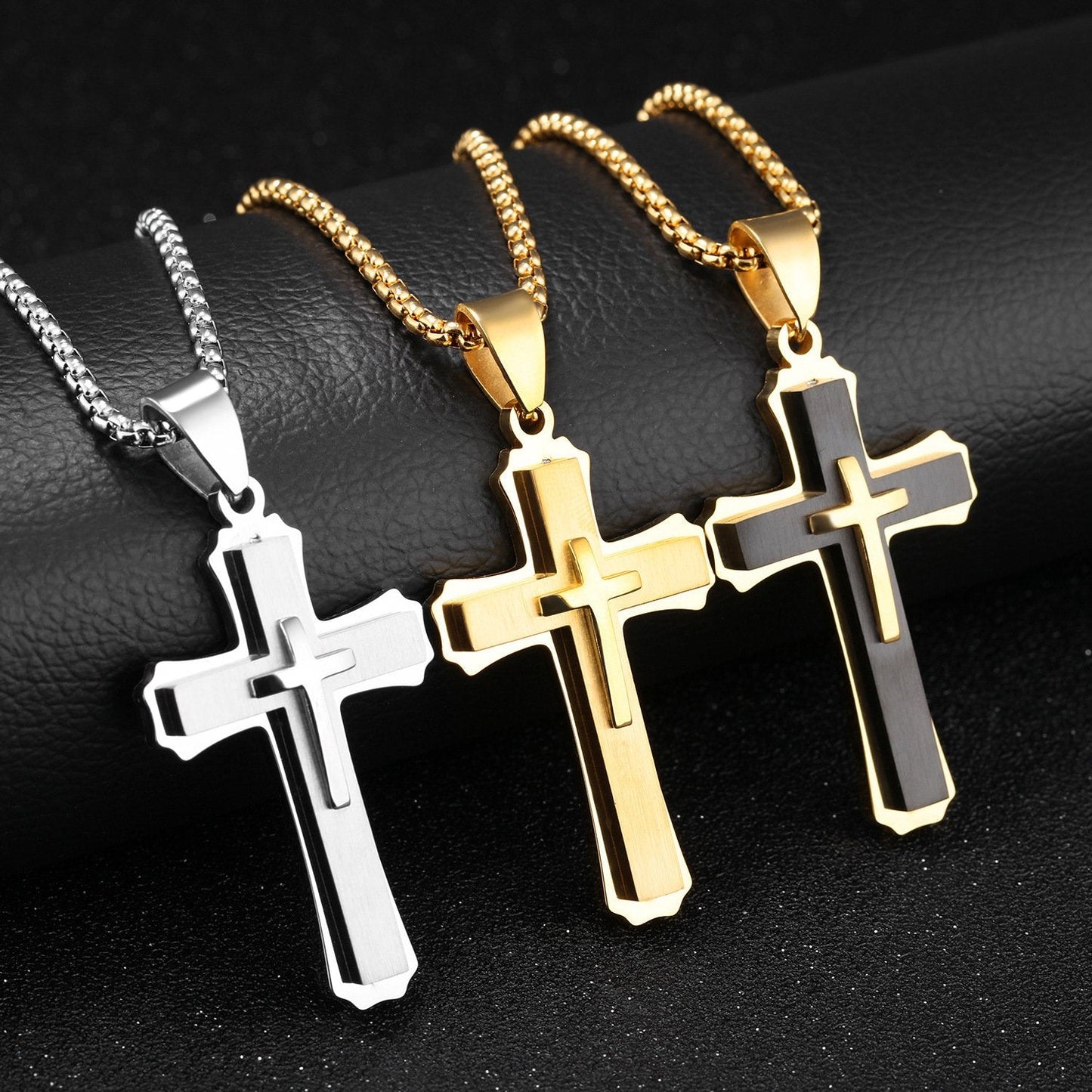 Stainless Steel Large Layered Cross Pendant Necklace, for Men