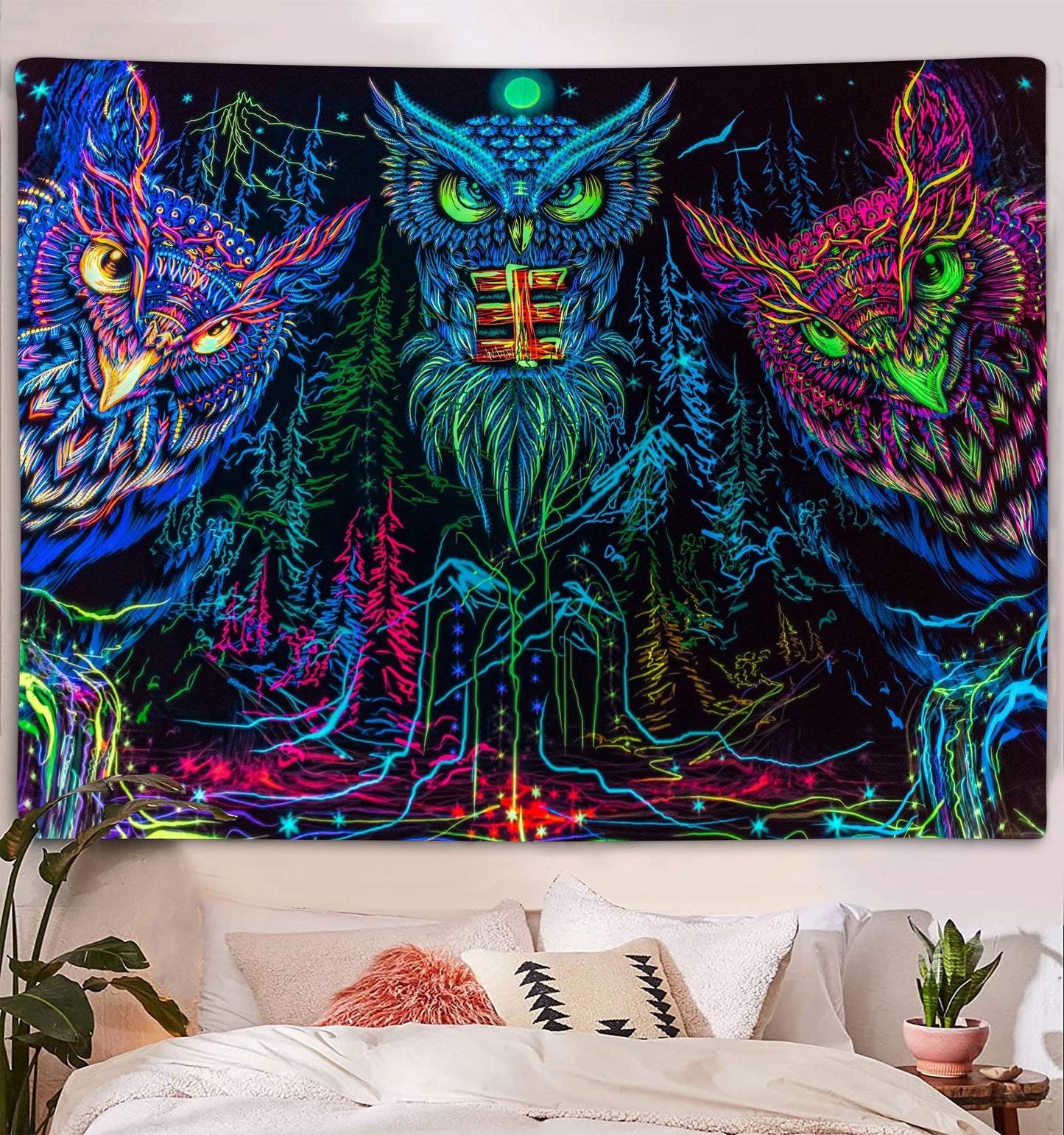 Psychedelic Trippy Blacklight Owl Witchy Forest Line Art Tapestry 60X40inches