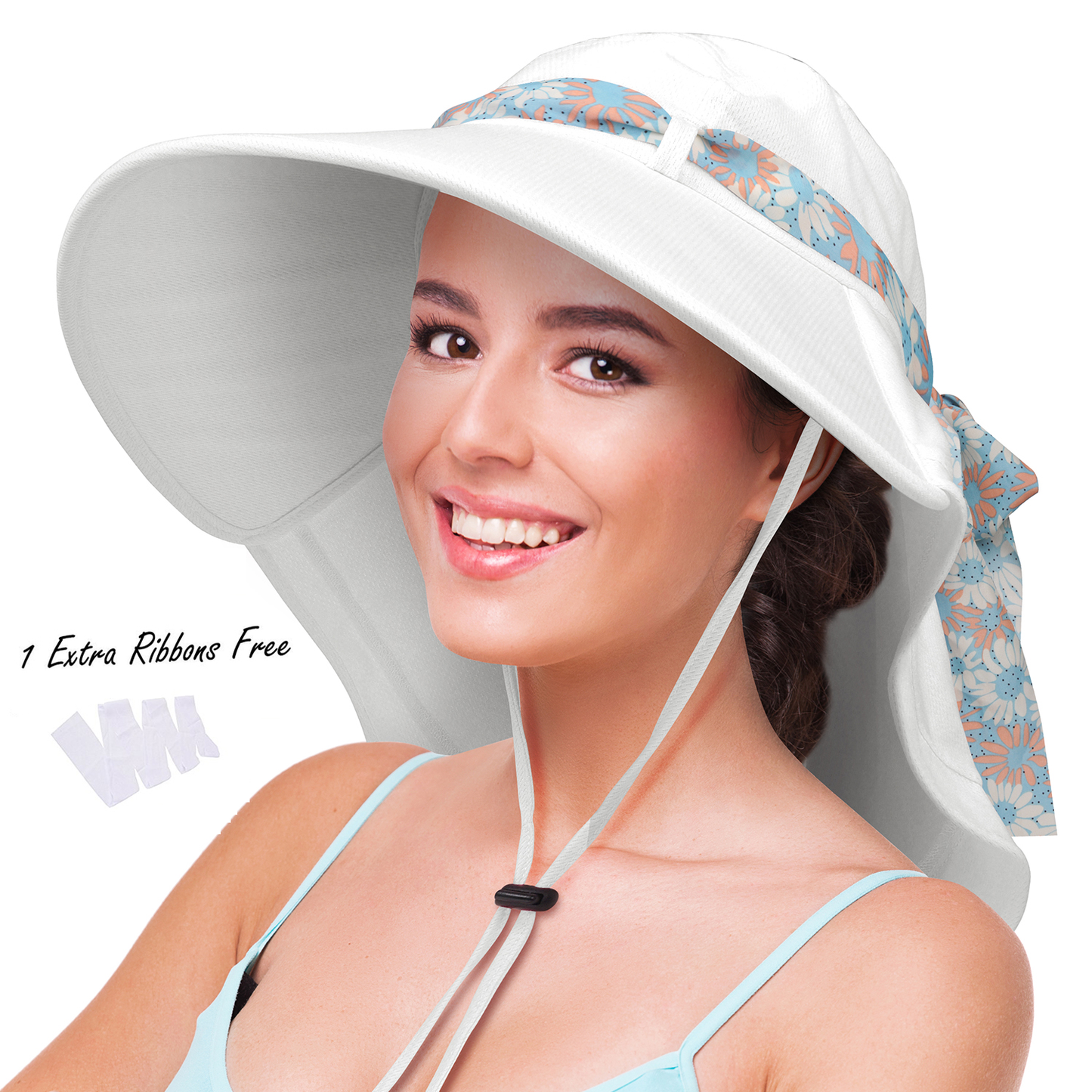 Neck Flap Wide Brim  Sun Hat for Women w/ 2 Replaceable Ribbon