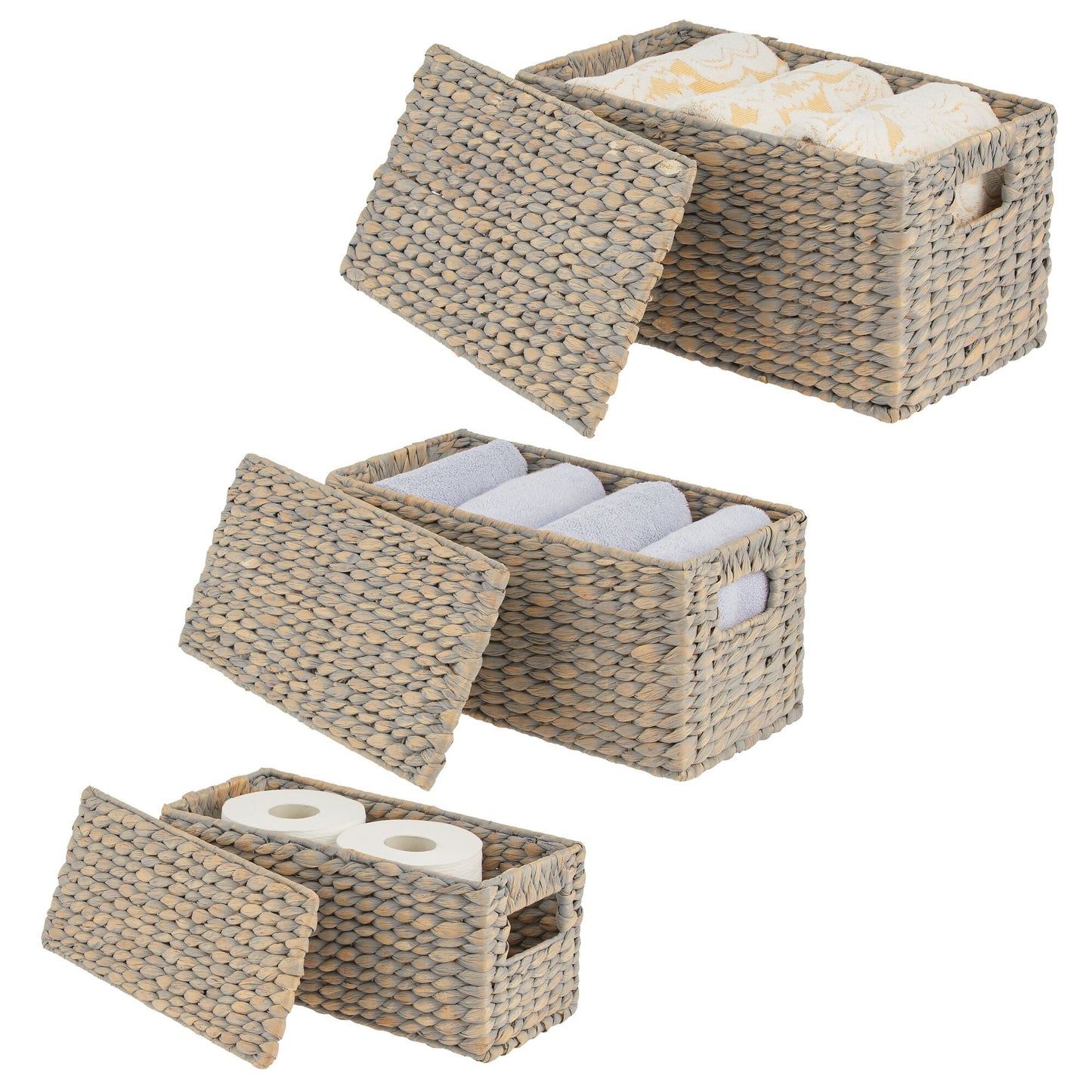 3 Natural Woven Water Hyacinth Organizer Basket Bin w/ Removable Lids