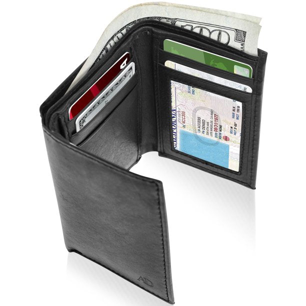 Genuine Leather Black  Men's Trifold Wallet With ID Window Gifts For Men RFID Blocking