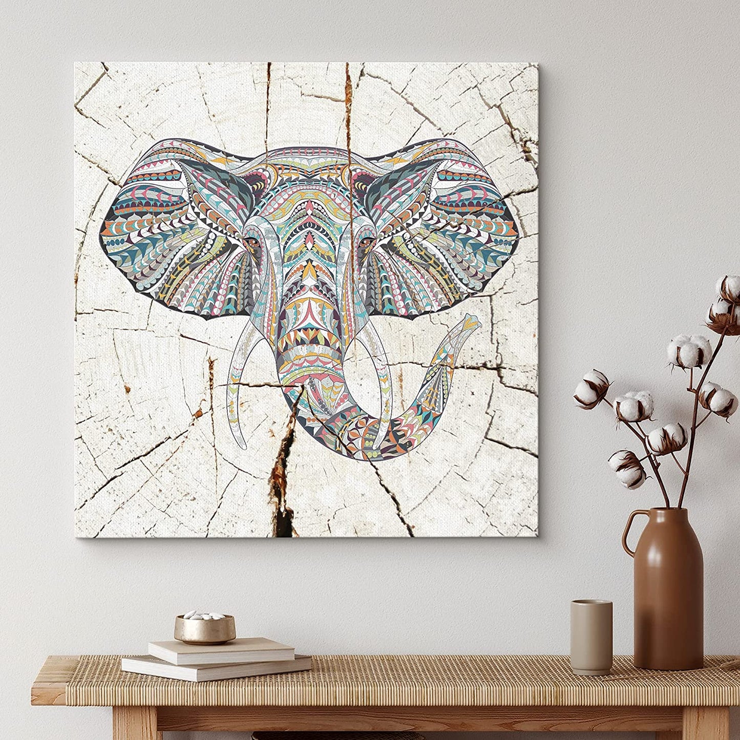 Square Tribal Elephant Wood Effect Canvas for Home Decoration
