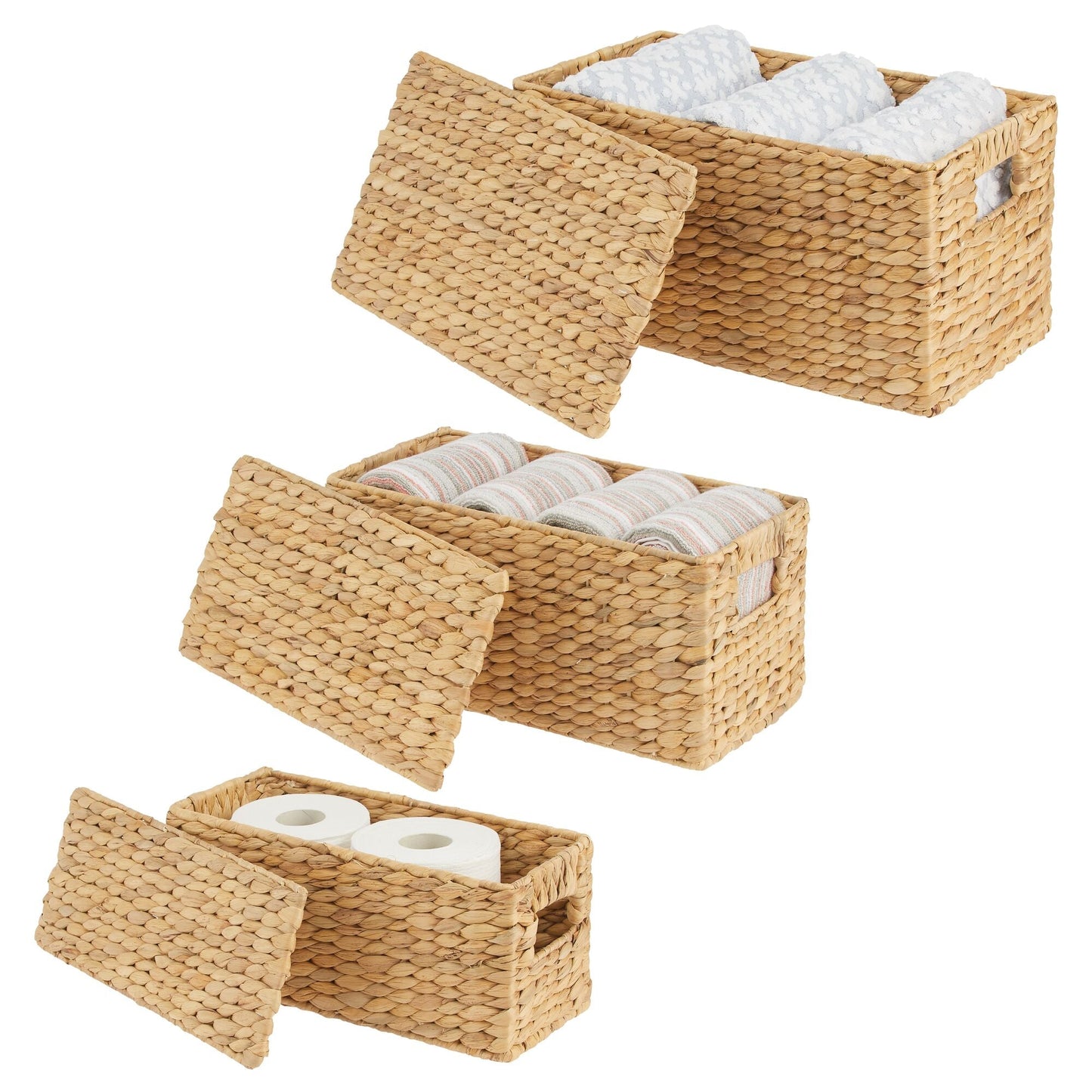 3 Natural Woven Water Hyacinth Organizer Basket Bin w/ Removable Lids