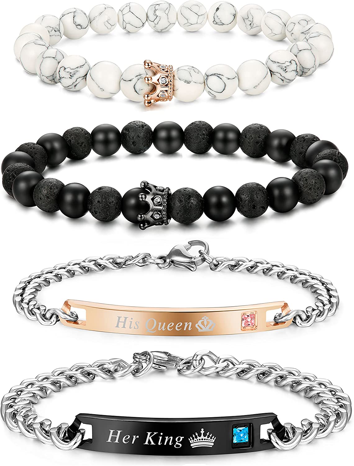 4 Pcs Couples His & Her Crown Queen Bracelets Set 8mm Beads Bracelets