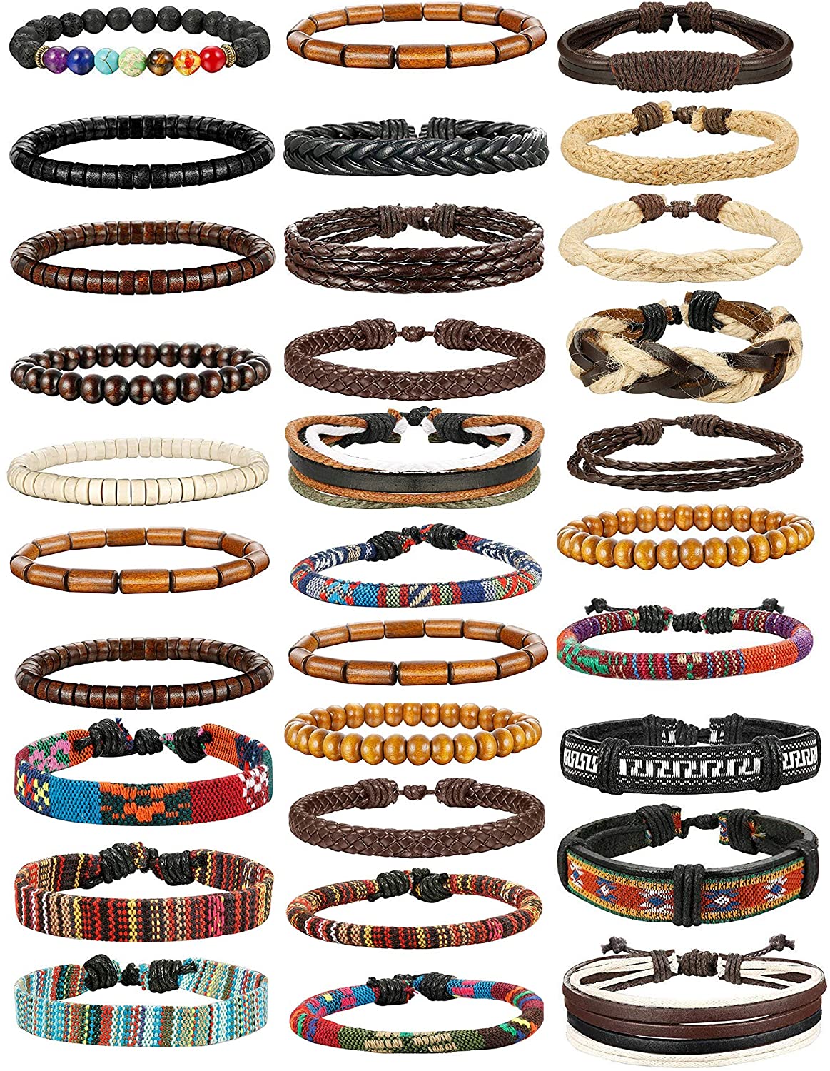 32 Pcs Braided Leather Wooden Beads Tribal Wristbands Cuff Punk Multilayered Bracelet