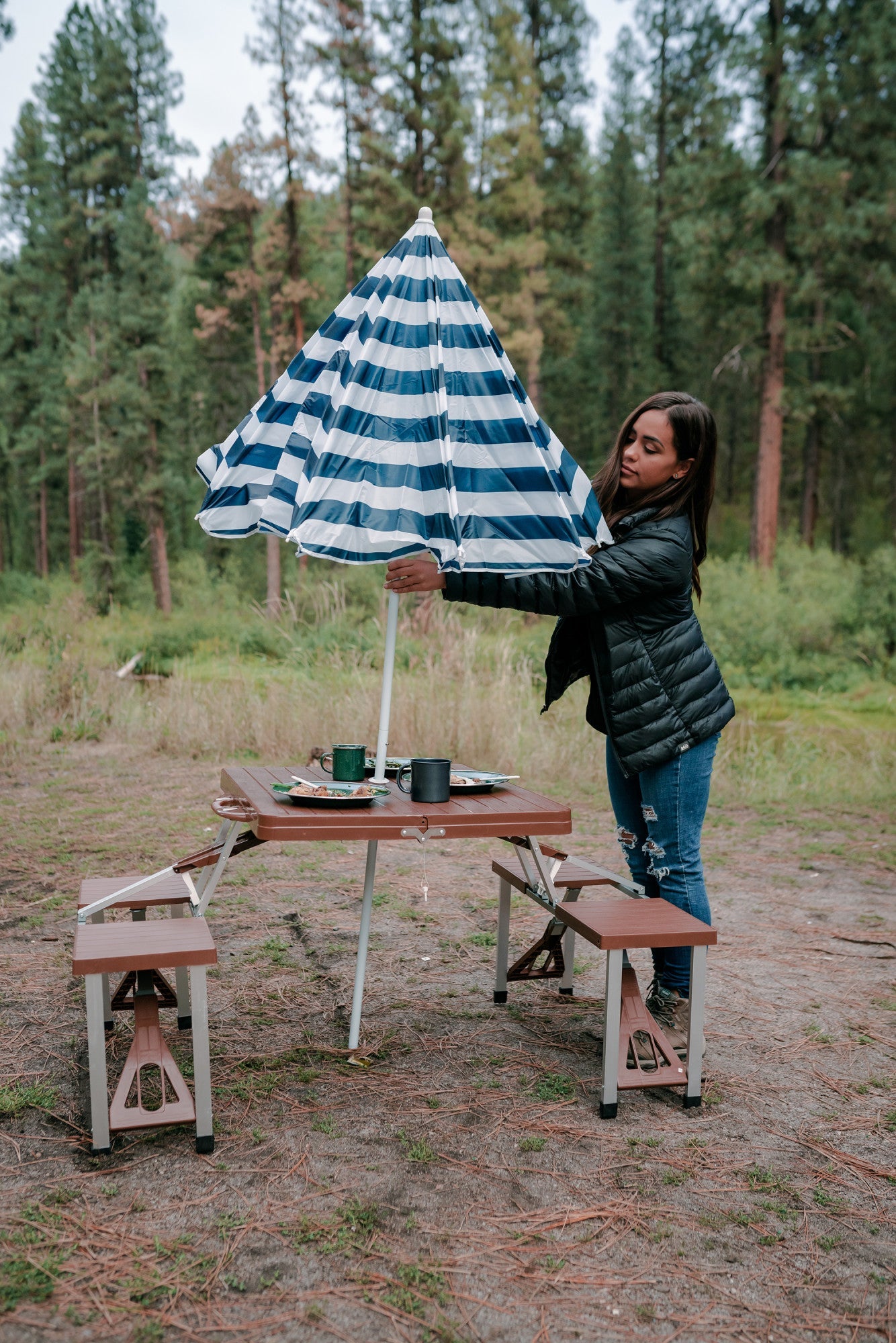 Folding Picnic Table w/ Umbrella, Aluminum Frame