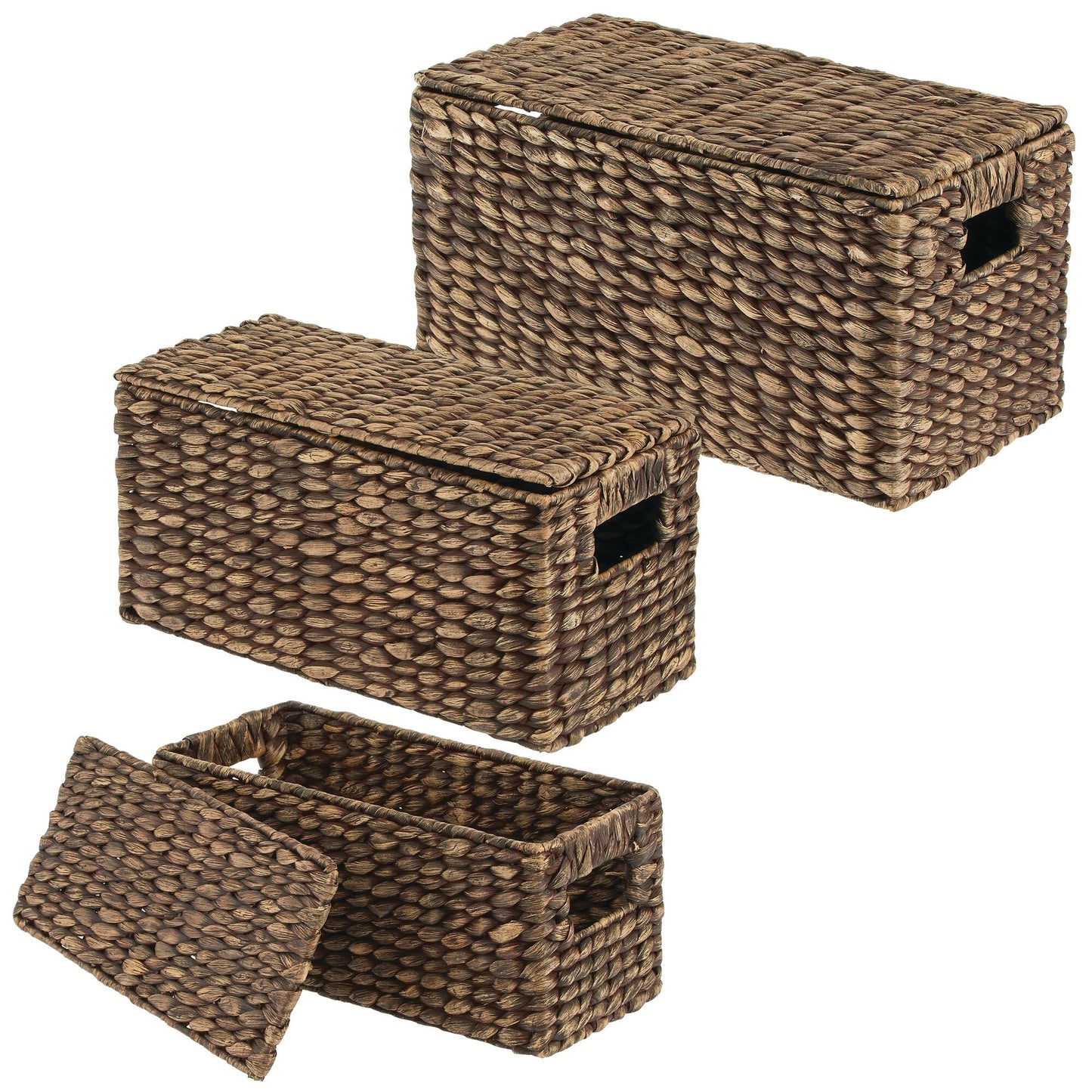 3 Natural Woven Water Hyacinth Organizer Basket Bin w/ Removable Lids