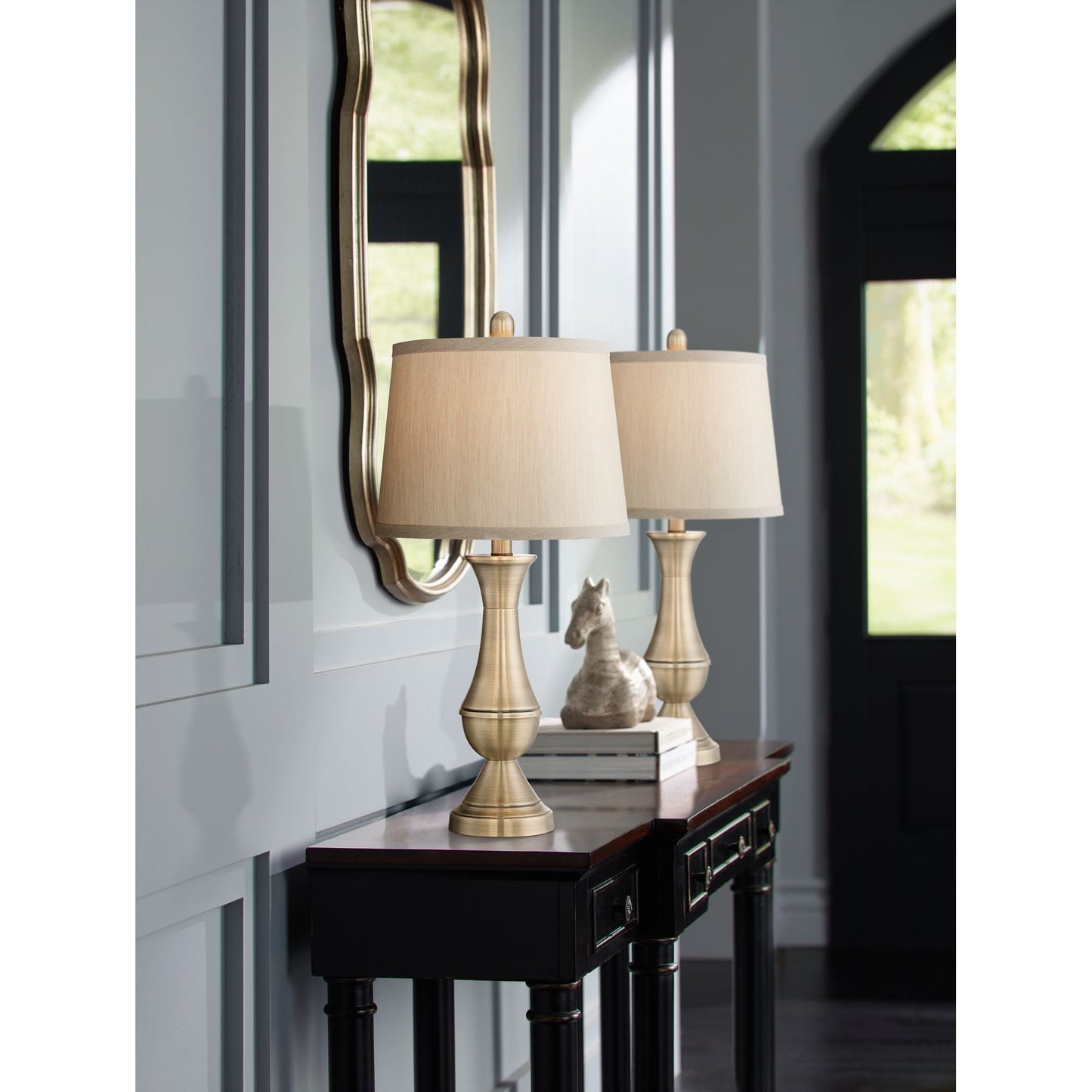 Table Lamps Set of 2 Antique Brass Metal Beige Drum Shade