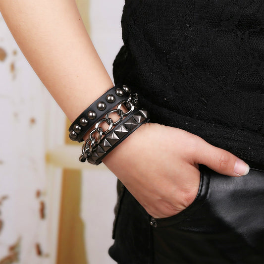 Spikes Rivets Studded Cuff Wrap Leather Punk Bracelet for Men/Women