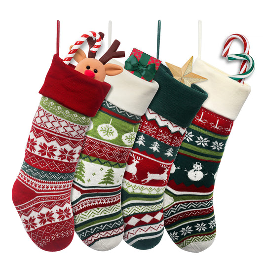 4 Pack Knit Christmas Stockings 22 Inches Snowflake Reindeer Snowman Personalized Cable Knit Stockings for Christmas