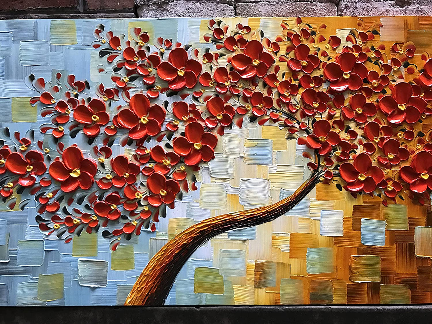Art -hand Painted Contemporary Oil Painting On Canvas Texture Palette Knife Tree Paintings Modern Home Decor 3D Red Flowers Ready to hang 20x40inch