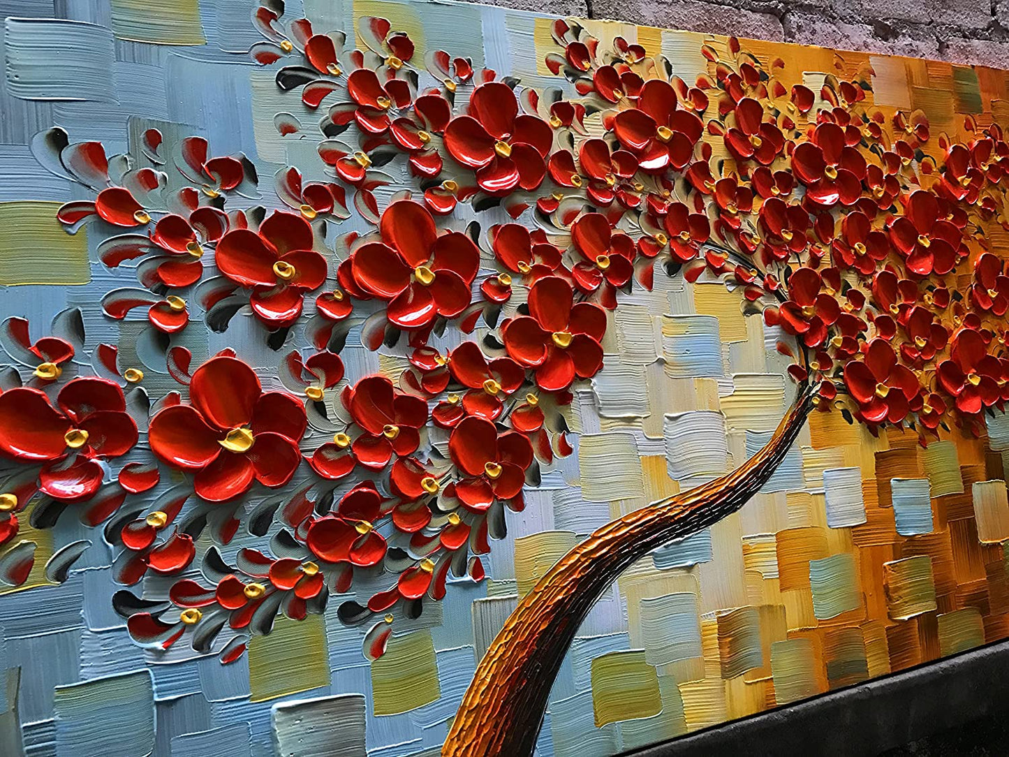 Art -hand Painted Contemporary Oil Painting On Canvas Texture Palette Knife Tree Paintings Modern Home Decor 3D Red Flowers Ready to hang 20x40inch