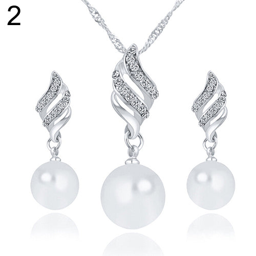 Women Faux Pearl Spiral Rhinestone  Earring & Necklace Set