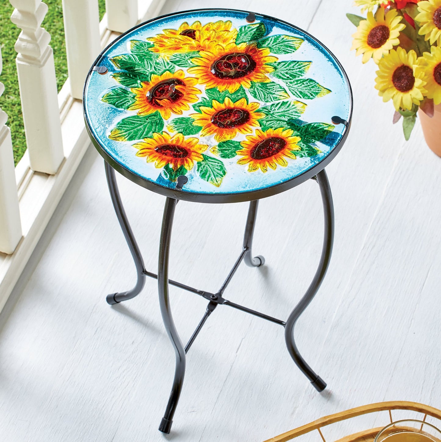 Bright & Cheerful Sunflowers Round Glass Top Accent Table